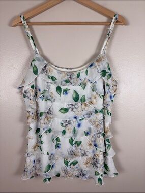 White House Black Market White Floral Tiered Ruffle Cami. Large